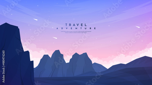 Peaceful landscape. Vector illustration. Minimalist style. Wallpaper. Natural concept. Silhouettes of the mountains. Slopes, relief. Panoramic image. Rock and hill in meadow. Bright gradient color