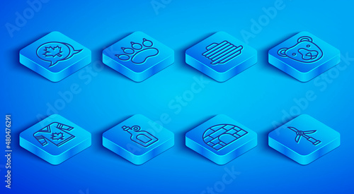 Set line Canadian maple leaf, Bear paw footprint, Stack of pancakes, Bottle syrup, Igloo ice house, head, Hockey jersey and Wind turbine icon. Vector