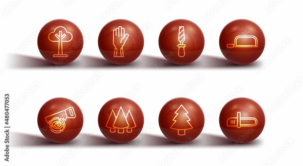 Set line Tree, Hand saw and log, Hacksaw, Christmas tree, Protective gloves, Chainsaw and Rasp metal file icon. Vector Set line Tree, Hand saw and log, Hacksaw, Christmas tree, Protective gloves, Chainsaw and Rasp metal file icon. Vector