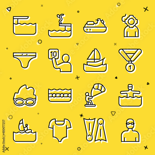 Set line Swimmer, Water gymnastics, Medal, Jet ski, Assessment of judges, Swimming trunks, Diving board or springboard and Yacht sailboat icon. Vector