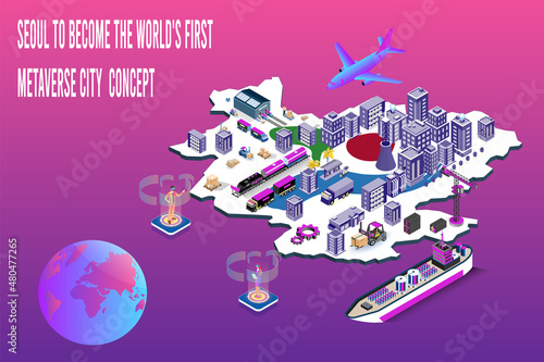 Concept of Seoul the world's first Metaverse city in augmented or virtual reality glasses, colorful background. Vector illustration eps10
