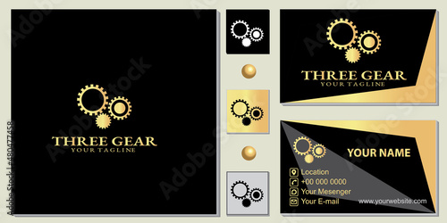 luxury gold three gear logo premium template with elegant business card vector eps 10