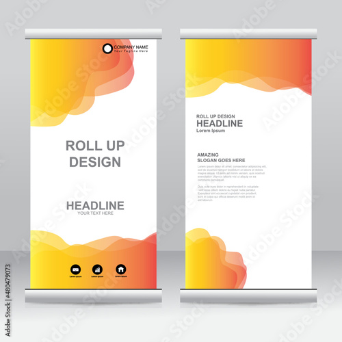Roll up banner stand template design. Vertical banner template. Universal stand for conference, seminar, exhibitions, promo banner vector background. Modern publication x-banner and flag-banner.