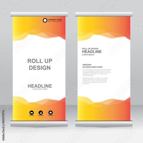Roll up banner stand template design. Vertical banner template. Universal stand for conference, seminar, exhibitions, promo banner vector background. Modern publication x-banner and flag-banner.