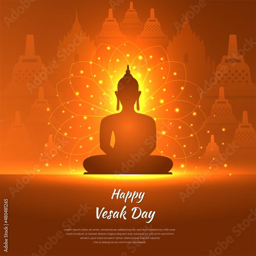 Celebration Vesak Day Design. Vesak Day background vector illustration with temple and shinny Lord Buddha silhouette.