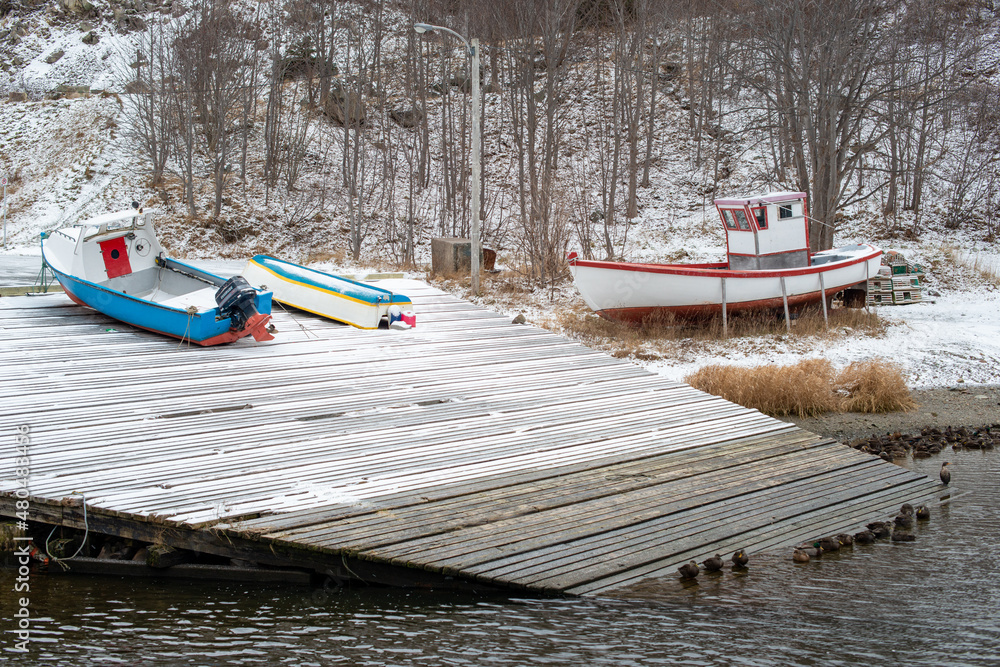 Obraz premium Multiple small fishing boats on a wooden slipway in winter. The wharf, tall trees and ground is covered in a fresh white snow. The colorful vessels are out of the water. The slipway is wet.