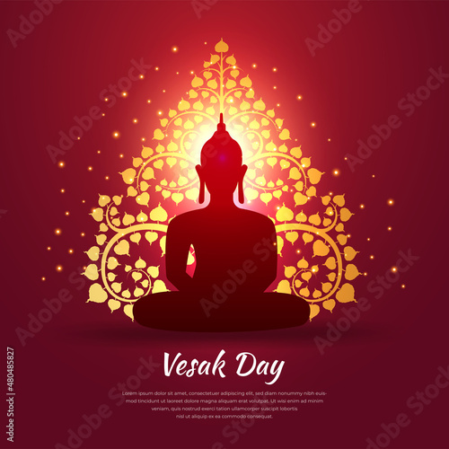 Happy Vesak Day Design. Vesak Day background with shinny Lord Buddha silhouette and ornament vector.