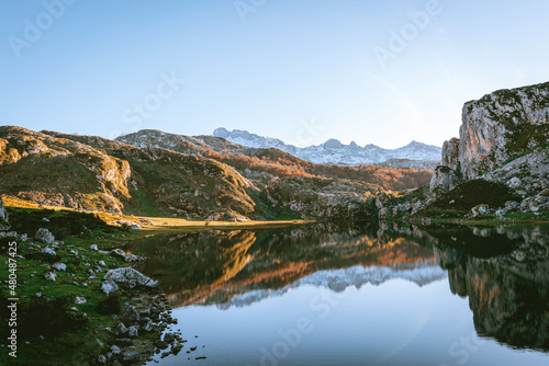 Beautiful landscape Cangas de Onis. Scenic view of La Ercina lake (Lago la Ercina), Spain. Landscape in the mountains of the National Park with the name Picos de Europa