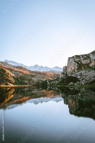 Fototapeta Naklejka Na Ścianę i Meble -  Beautiful landscape Cangas de Onis. Scenic view of La Ercina lake (Lago la Ercina), Spain. Landscape in the mountains of the National Park with the name Picos de Europa