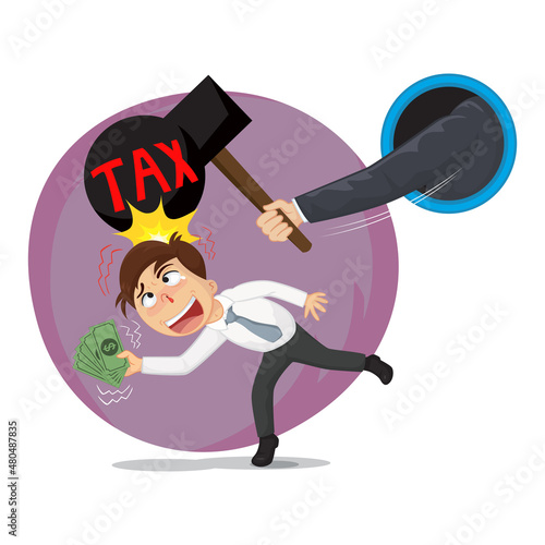Tax hammer hitting head businessman, Illustration vector cartoon
