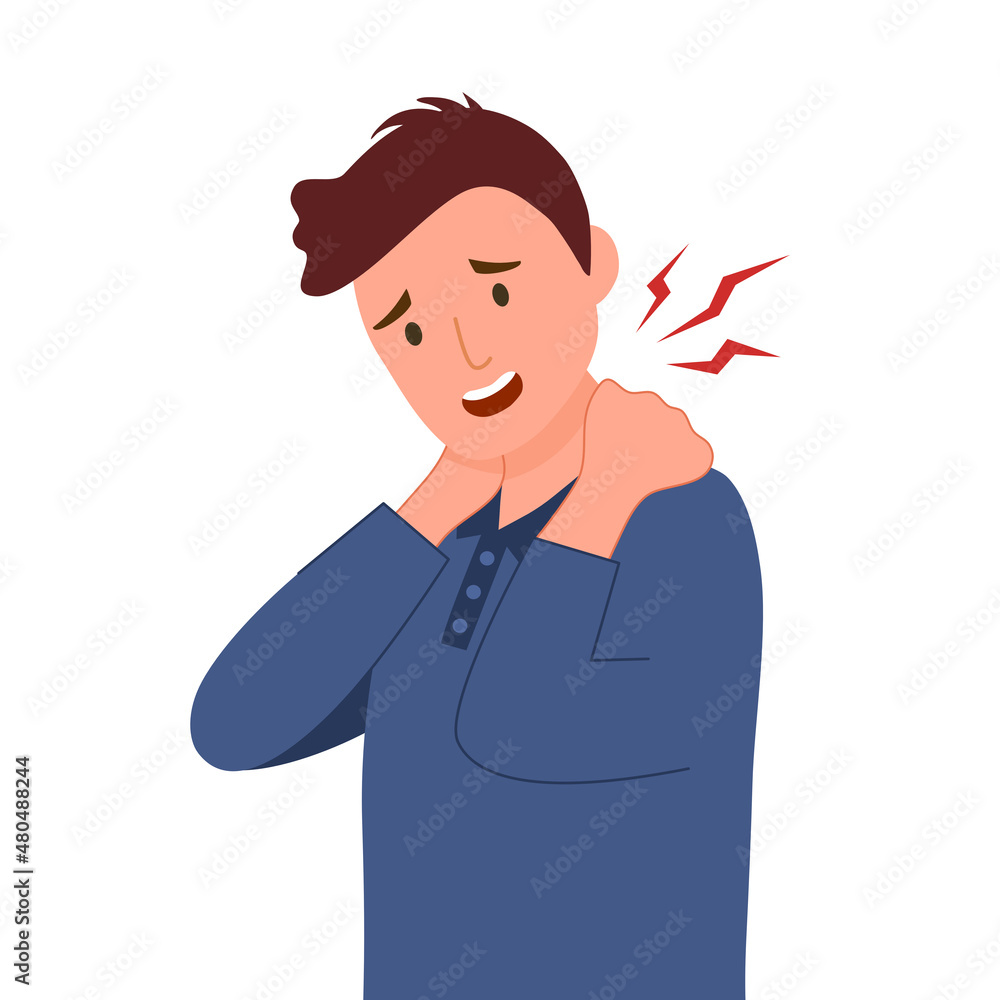 Man having neck ache symptom in flat design on white background. Neck and shoulders pain. Muscle problem. Man having neck ache symptom in flat design on white background. Neck and shoulders pain. Muscle problem.