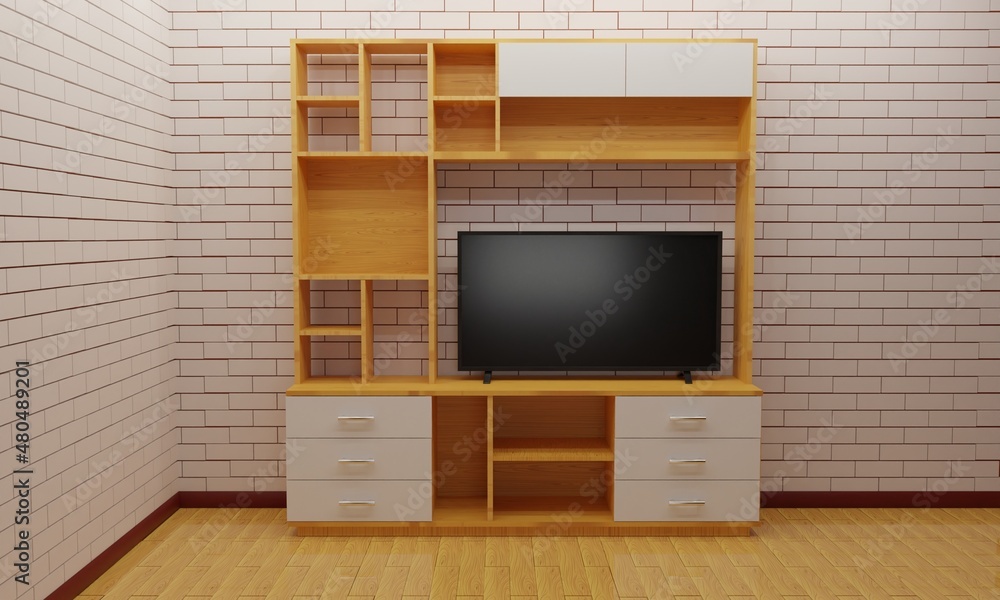 Fototapeta premium lcd tv on wooden showcase and cabinet in the livingroom.3d rendering.