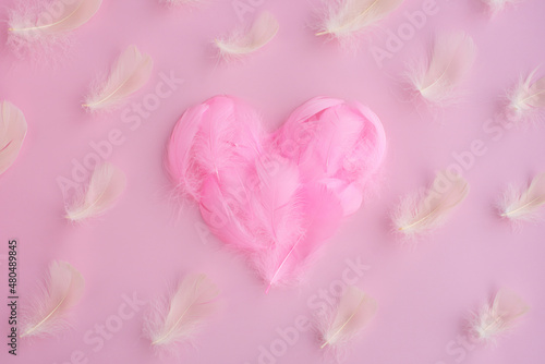 Heart shape made of pink feathers, fuzz, fluff on pink background. Pattern of white feathers. Love heart, valentine, romantic background/ Valentines day concept