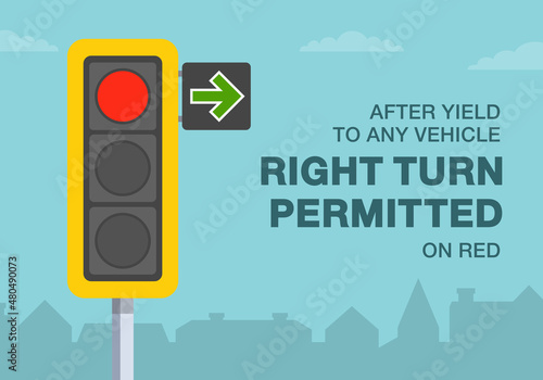 Safety car driving and traffic regulating rules. Give way rules at traffic lights with a green arrow. After yield to any vehicle right turn permitted on red. Flat vector illustration template.
