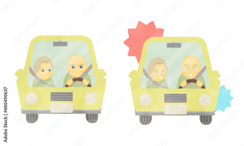Elderly couple illustration set driving in a cute car Elderly couple illustration set driving in a cute car