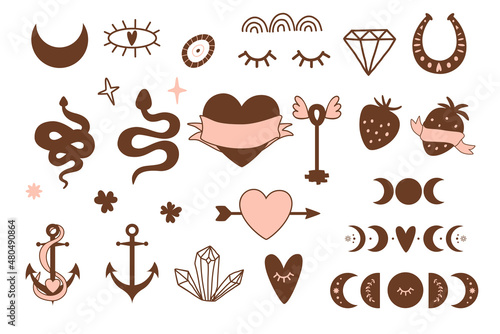 Old tattooing school colored icons set. Vintage tattoo logos. Brown pink shapes of snake, heart, anchor, moon phase. Vector illustration isolated graphic element for Valentines day, birthday.