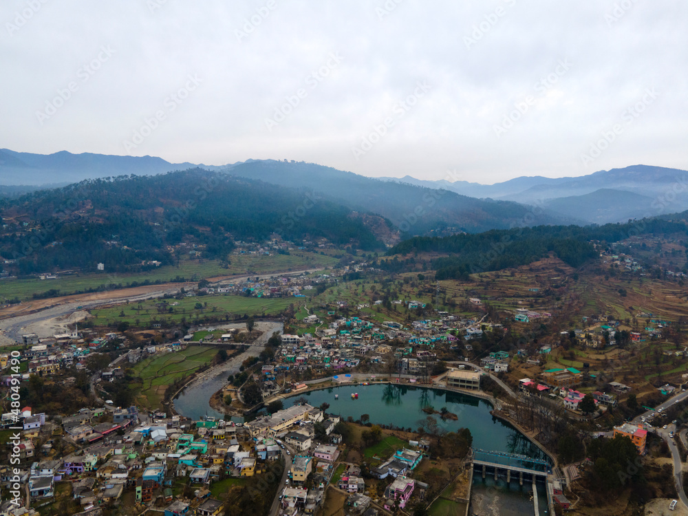 Aerial view of Baijnath City. Drone shot of Bageshwar district. A city situated in between the mountains