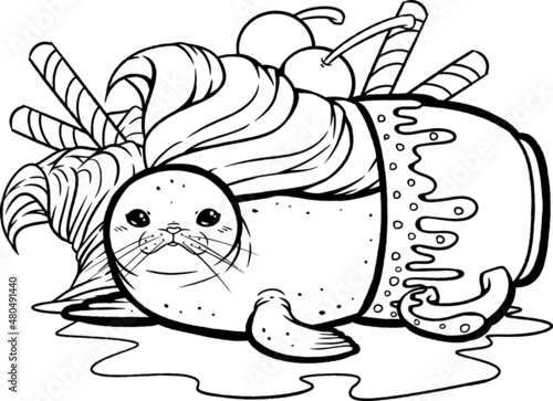 Sundae Seal with Ice Cream, Wafer Rolls and Cherries Line Art Coloring