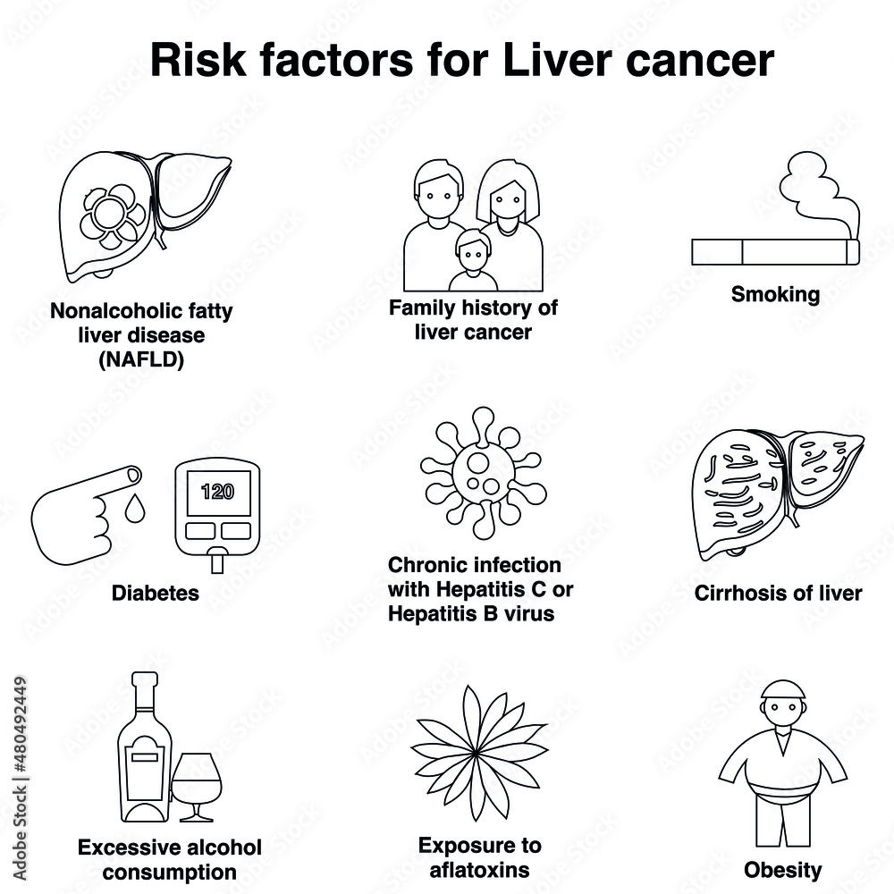 Risk factor for liver cancer outline flat vector icon collection set Risk factor for liver cancer outline flat vector icon collection set