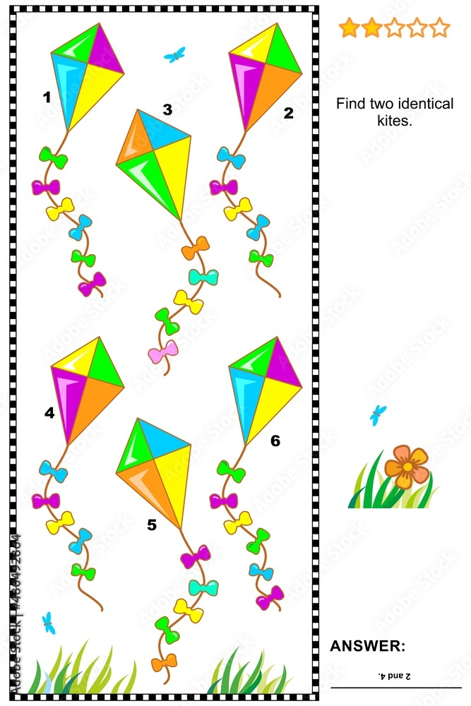 Find two identical kites. Visual puzzle or picture riddle. Answer included.
Find two identical kites. Visual puzzle or picture riddle. Answer included.