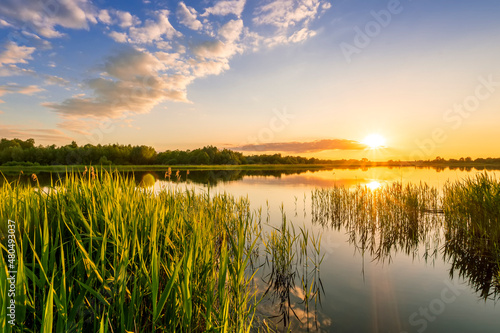 Amazing view at scenic landscape on a beautiful lake and colorful sunset with reflection on water surface among green reeds and glow on a background  spring season landscape
