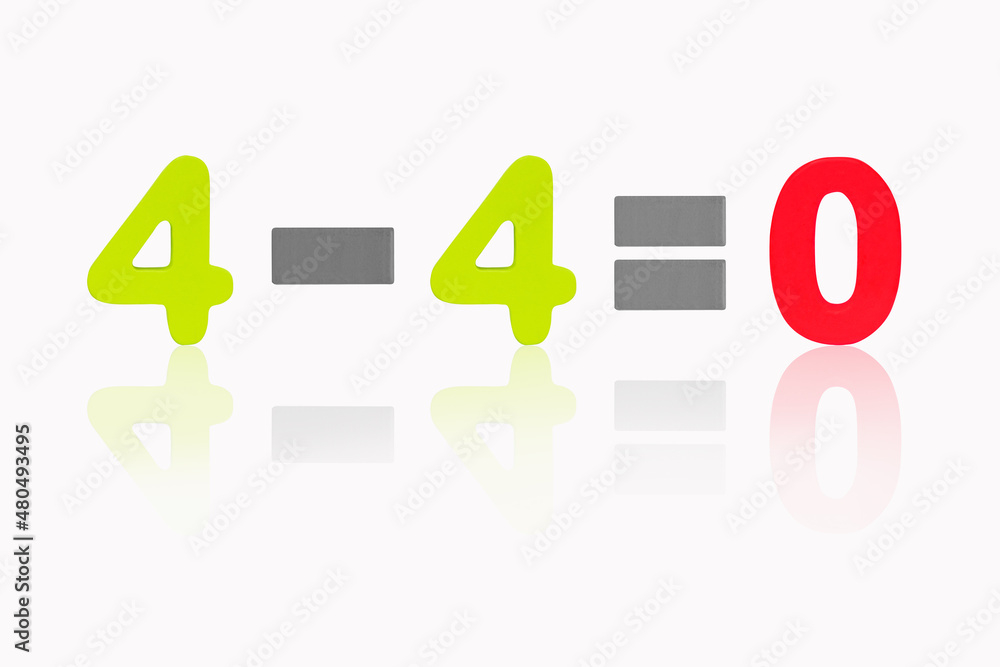 Four minus four equals zero 4 4=0 3D Illustration. Isolated on white