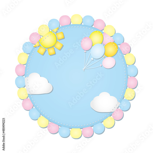 Baby play mat , Frame　ベビープレイマット、かわいい太陽と雲と風船、フレームに使えるかわいいイラスト、円形