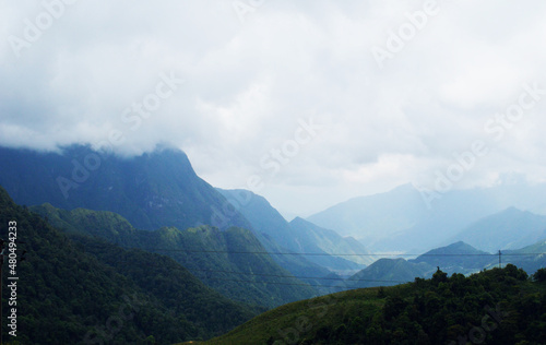 Cable hanging in Sapa Mountain range, Vietnam on a cloudy day