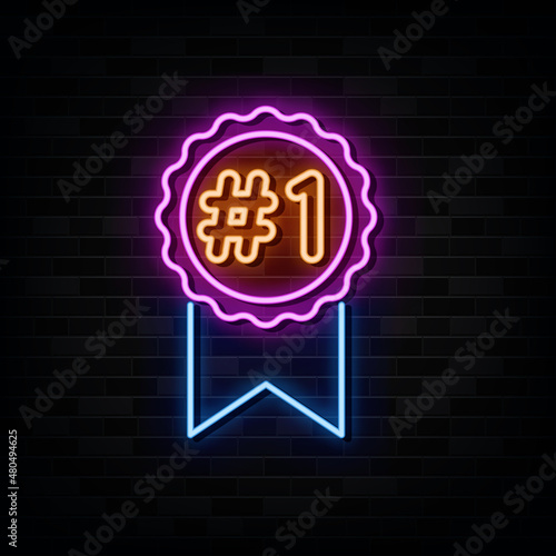 Number 1 winner ribbon neon sign. design element. light banner. announcement neon signboard.