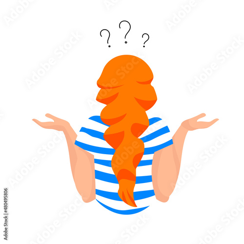 question. thoughtfulness. the girl thinks. vector image. rear view