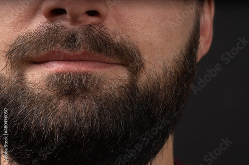 Perfect beard. Close-up of bearded young man. Close up on handsome hipster male beard. Stylish well-groomed beard. Closeup bearded men.