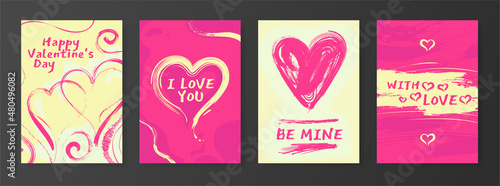 Happy valentine's day set of creative freehand drawn cards with paint stains. Vector format.