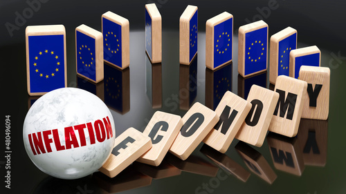 EU Europe and inflation, economy and domino effect - chain reaction in EU Europe set off by inflation causing a crash - economy blocks and EU Europe flag, 3d illustration