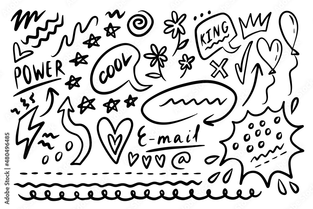 Doodle style Grunge Hearts, stars, lines and arrows. Highlight text elements. Vector illustration