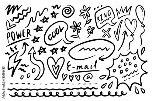 Doodle style Grunge Hearts  stars  lines and arrows. Highlight text elements. Vector illustration