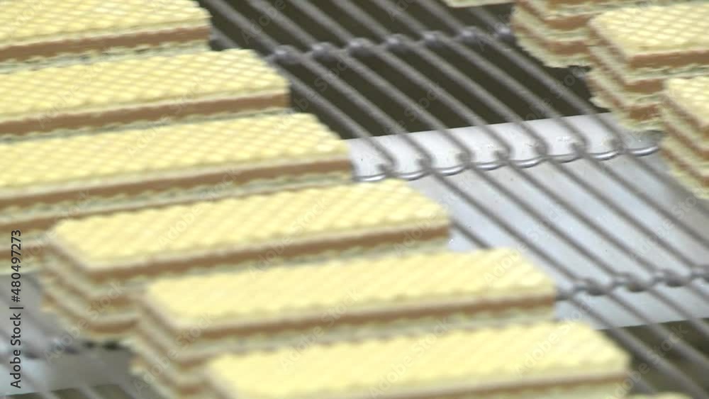 automated chocolate wafer baking production line at a confectionery factory. section of the conveyor of the machine for the manufacture of multilayer wafers with chocolate filling. Sweet treat. automated chocolate wafer baking production line at a confectionery factory. section of the conveyor of the machine for the manufacture of multilayer wafers with chocolate filling. Sweet treat.