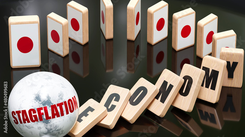 Japan and stagflation, economy and domino effect - chain reaction in Japan set off by stagflation causing a crash - economy blocks and Japan flag, 3d illustration photo