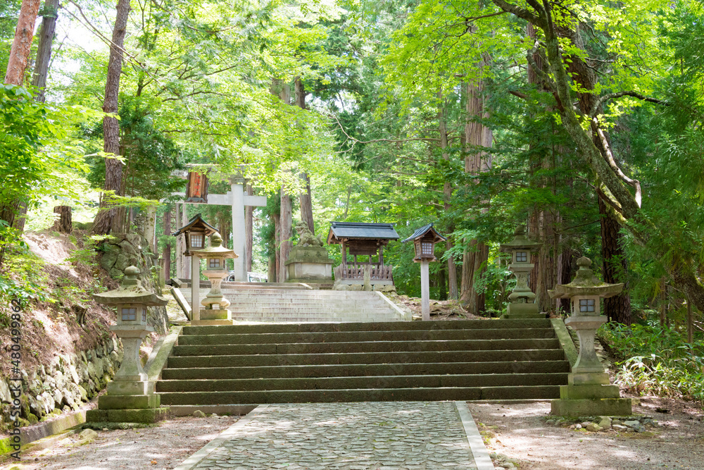 Gifu, Japan - Aug 02 2017- Approach to Hie Shrine. a famous historic site in Takayama, Gifu, Japan.