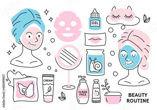 A set of elements of care cosmetics doodle, cartoon, line. Isolated on a white background. Cream,serum,mask,mirror,masked girl,cosmetic oil.Products for beauty and self-care. Korean cosmetics.