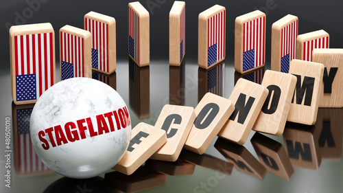 USA and stagflation, economy and domino effect - chain reaction in USA economy set off by stagflation causing an inevitable crash and collapse - falling economy blocks and USA flag, 3d illustration photo