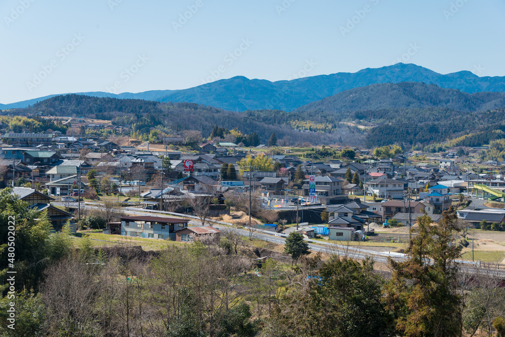 Gifu, Japan - Mar 25 2020 - Beautiful scenic view from Between Magome-juku and Ochiai-juku on Nakasendo in Nakatsugawa, Gifu, Japan. Nakasendo is famous ancient road.