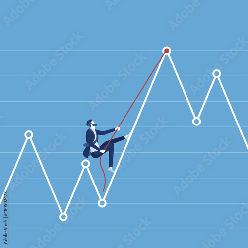 business man climbing on top of financial growing graph using rope, investment growth targets concept