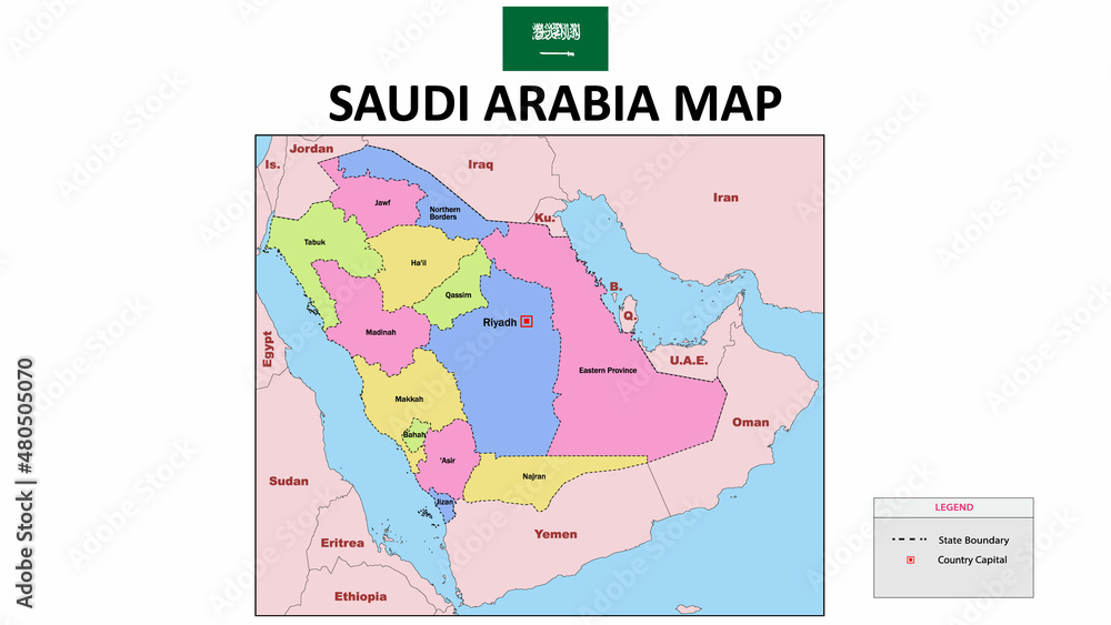 Saudi Arabia Map. Political map of the Saudi Arabia. colorful Saudi Arabia Map with neighboring countries names and borders.