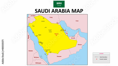 Saudi Arabia map. Political map of Saudi Arabia. Saudi Arabia Map with yellow color. photo