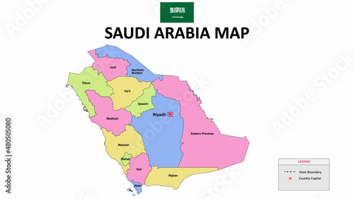 Saudi Arabia Map. Saudi Arabia Map with color background and all states name.