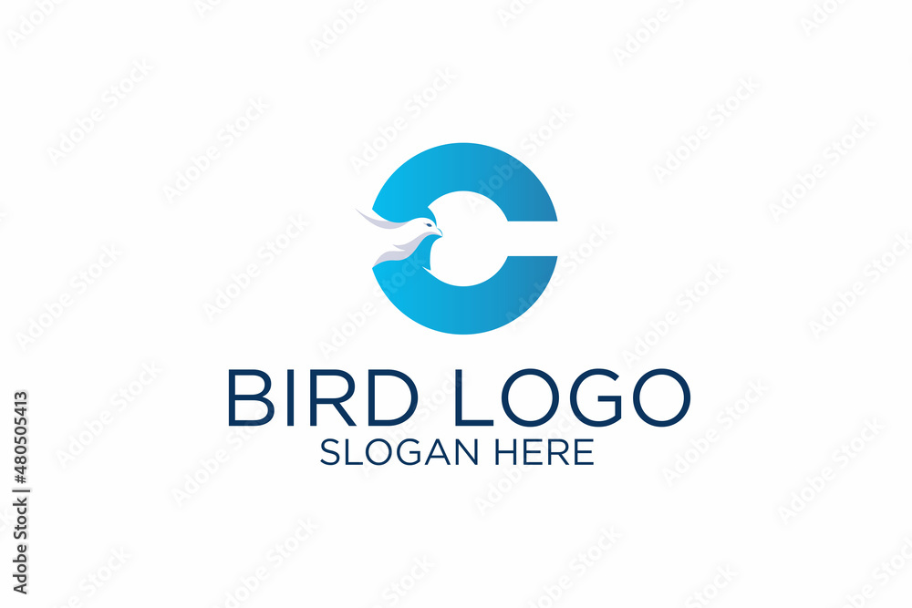 bird logo and initial letter c. premium vector