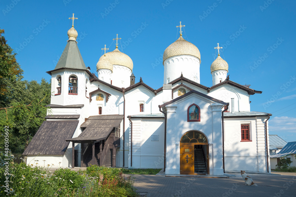 Ancient twin church of Philip the Apostle and St. Nicholas the Wonderworker on a sunny July day. Veliky Novgorod, Russia