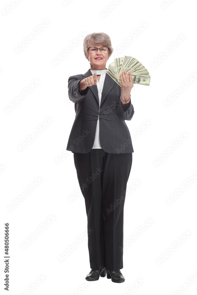 A smiling woman holding dollars with thumb up sign A smiling woman holding dollars with thumb up sign