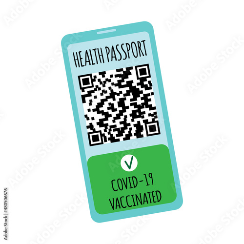 Covid-19 vaccination record sertificate mobille application. Health passport immunity app for cell phone during covid 19 virus pandemic. QR code and pass check mark vaccinated. Isolated vector