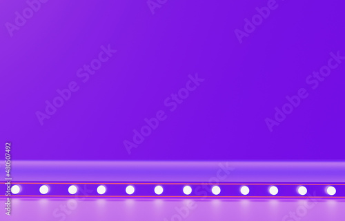 Purple empty stage with fluorescent lamps. Banners of shining parties on the background. 3D render.